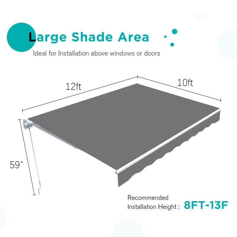 AECOJOY Manual Retraction Slope Patio Awning, Gray, 144" W x 120" D, Solid Color