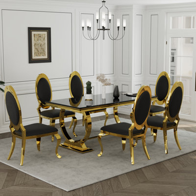 Ensemble de table de salle à manger de luxe 7 pièces blanc et or avec 6 chaises de salle à manger en cuir blanc