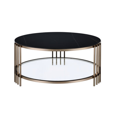 Round Coffee Table With Sintered Stone Top, Champagne Finish, And 1 - Tier Shelf For Contemporary Decor, 35 Inch Width, Depth, 16 Height Top Finished Shelf, Dimensions, 53 Pound Product Interiors