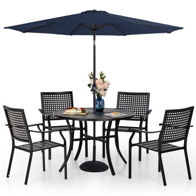 Alyah 5-piece Steel Patio Outdoor Dining Set With Umbrella,metal Stackable Chairs, Round Table -  Lark Manorâ¢, 8CA3469FC3214D9BA48DF21C2E1DF9C9