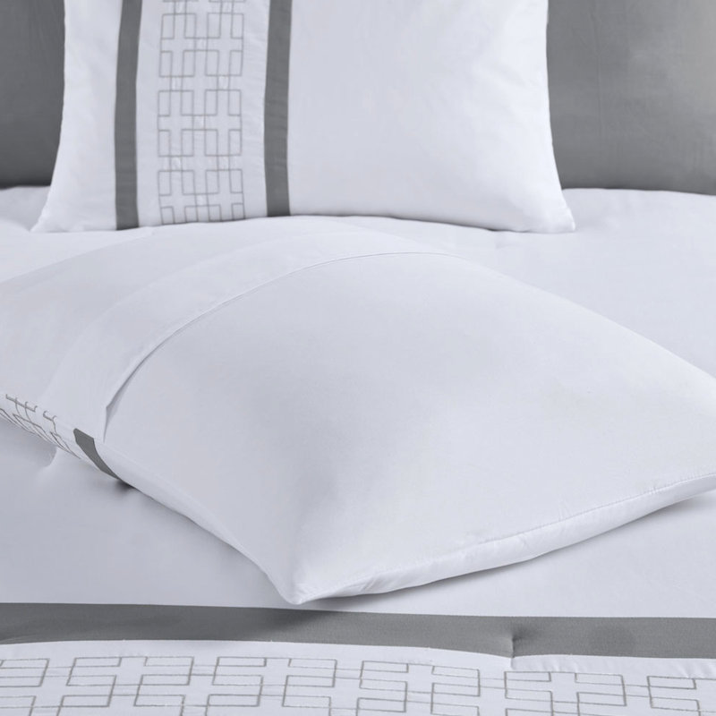 Édredon pour grand lit 8 pièces - Superbe broderie blanche et grise avec bourre de literie, taies décoratives, coussins décoratifs euro