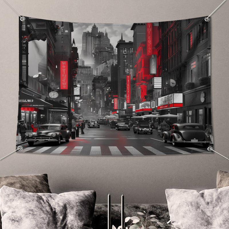 Tapisserie murale noire «Cityscape», 68 po H x 80 po L avec 4 œillets