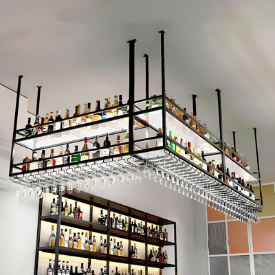 59IN Ceiling Wine Glass Rack, Hanging Wine Rack With Acrylic Transparent Shelves And LED Lights, Modern Multi Use Hanging Liquor Display Shelf For Bar, Kitchen Decoration (59In/150Cm)
