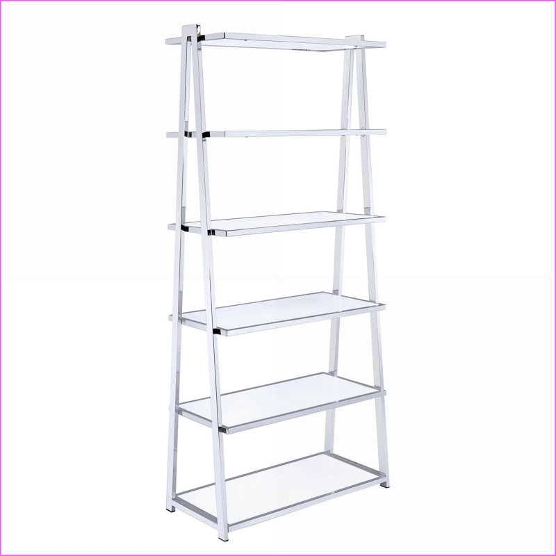 Bibliothèque, 6 tablettes contemporaines épurées avec structure en argent chromé, bois blanc neige brillant | Blanc | Bois et métal
