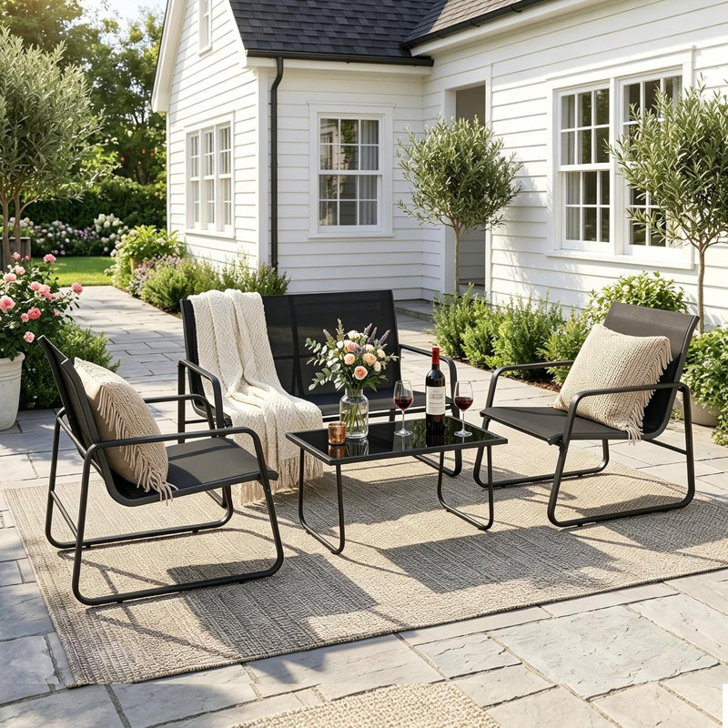 Garden Furniture Set, Metal Frame Patio Conversation Set With Loveseat, Black