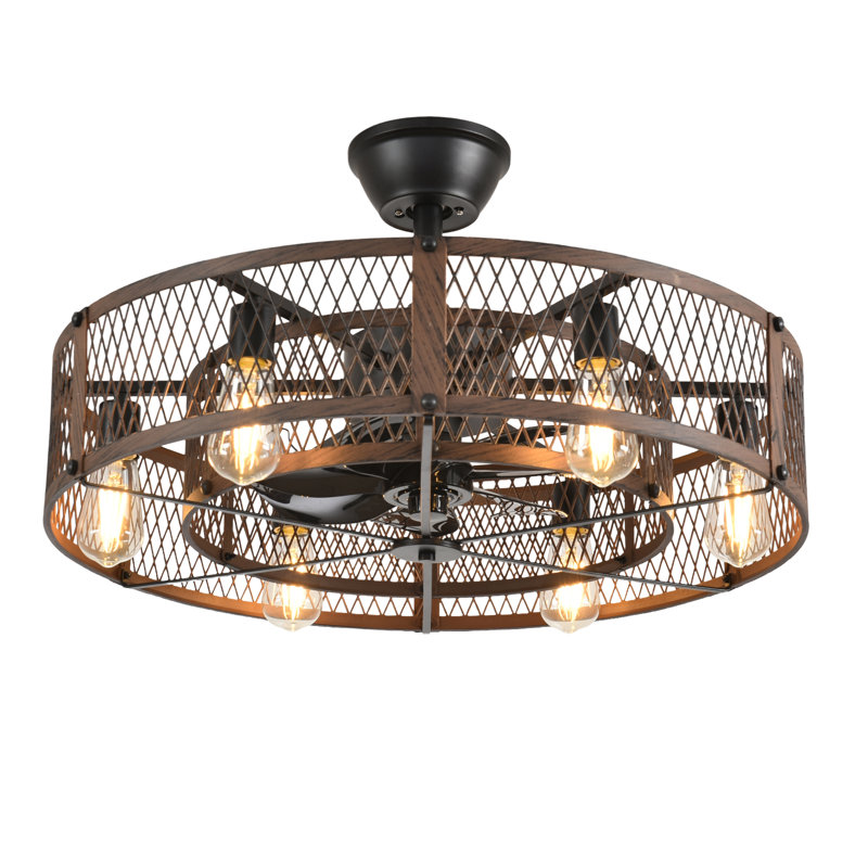 26" Caged Ceiling Fans with Remote App Control for Patio Kitchen Bedroom, Farmhouse Flush Mount Ceiling Fan with Lights Reversible 6 Speed Timer Walnut