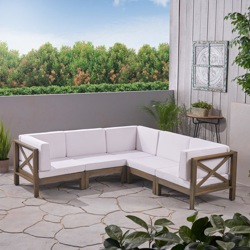 Luthersville Acacia 5 - Person Modular Patio Conversation Set with Cushions, Gray Frame / White Cushion