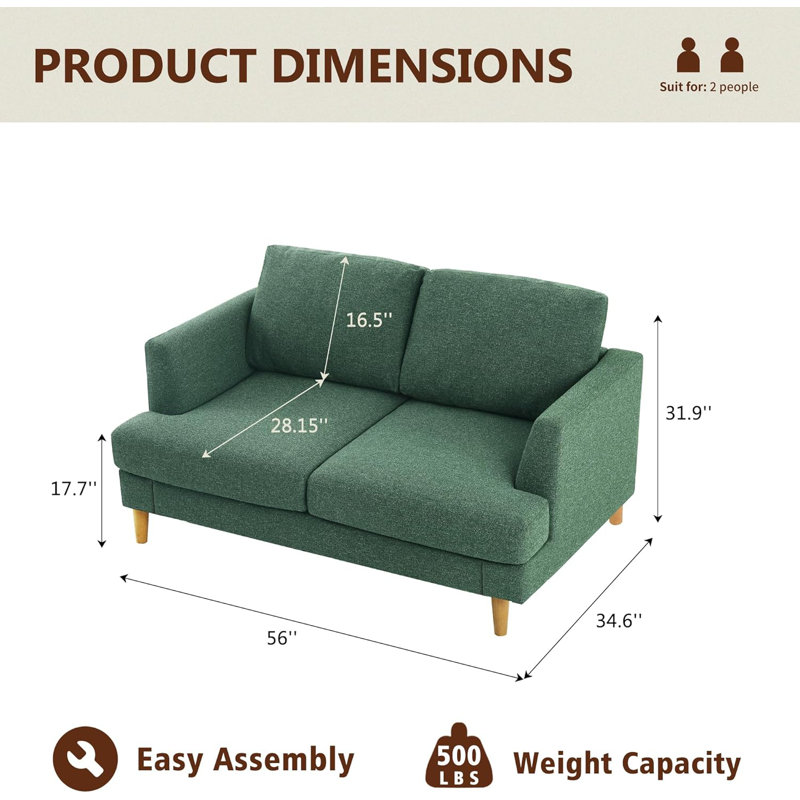 Causeuse de 56 po pour petits espaces avec causeuse à 2 places, Vert