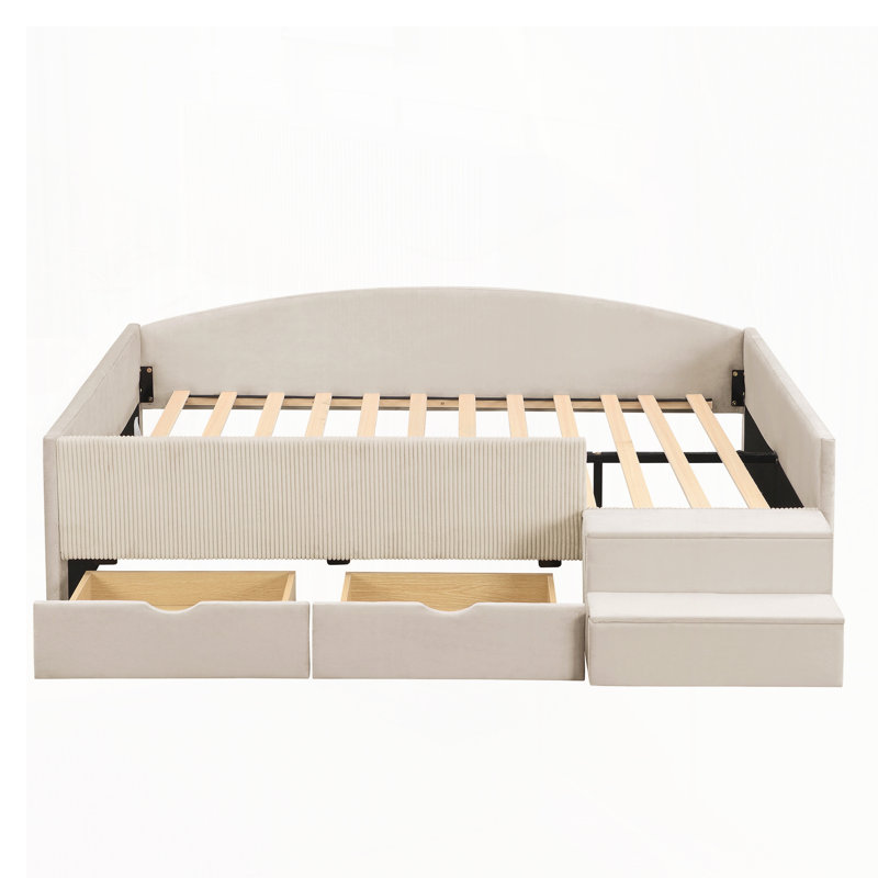Structure de lit de jour rembourrée avec 2 tiroirs de rangement, Double, Beige