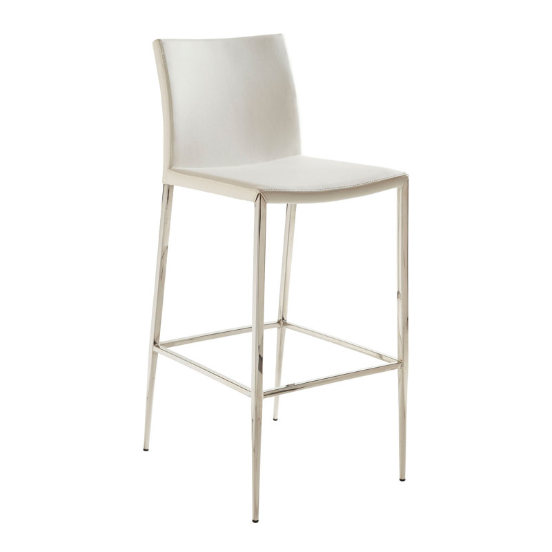 Parlex Upholstered Bar Stool with Metal Frame, White Leather/Polished Frame