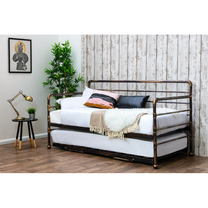 Irasburg Solid Wood Daybed with Trundle, 12cm Memory Foam, 23cm Single Sprung, Black Antiqued