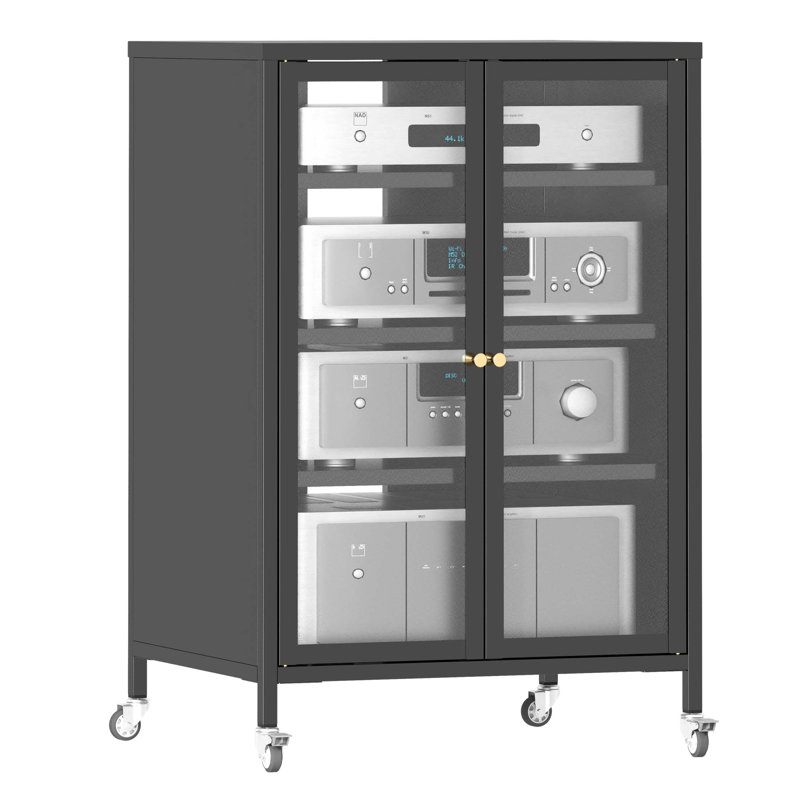 35.8" Tall Mobile AV Cabinet On Wheels – Heavy-Duty Steel Frame TV Stand With 4 Adjustable Glass Shelves & Door, Ideal For Living Room Or Office