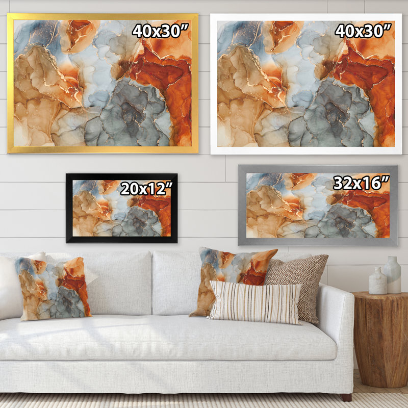 «Brown and Grey Luxury Abstract Fluid I», peinture sur toile, H 34 po x l 44 po x P 1,5 po, Encadrement doré