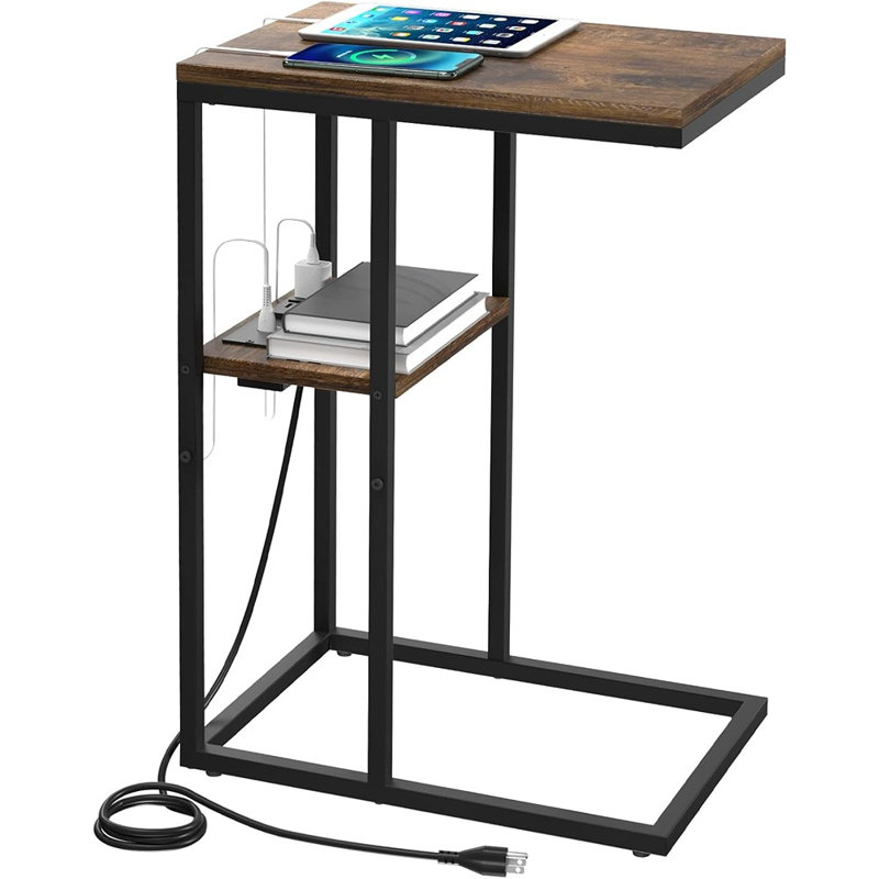 Table de bout en forme de C avec station de charge pour salon, chambre à coucher, table de canapé avec ports USB et prises pour les petits espaces, table de C