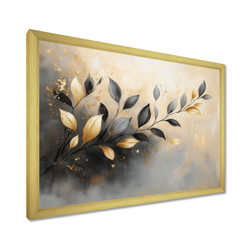 Branche de murmure doré - Tableau botanique encadré sur toile, H 24 po x l 32 po, Encadrement doré