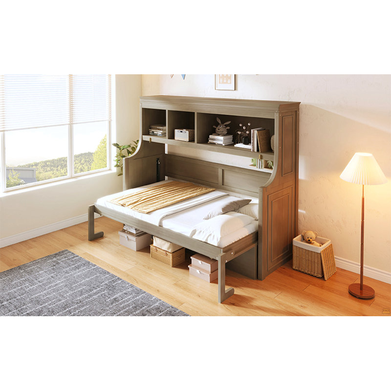 Lit escamotable simple avec bureau et tablettes de rangement, gris délavé