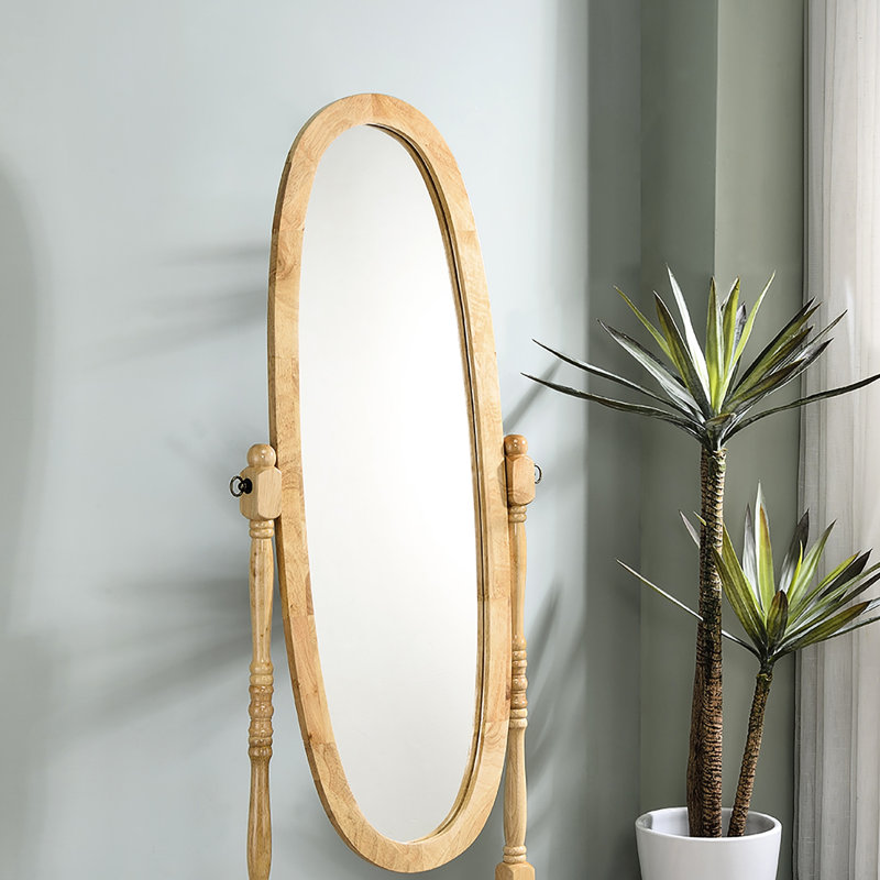 Miroir sur pied 60,62 "en bois naturel, ovale. Miroir ajustable. S'incline facilement à n'importe quel angle. Facile à assembler et à finition naturelle.
