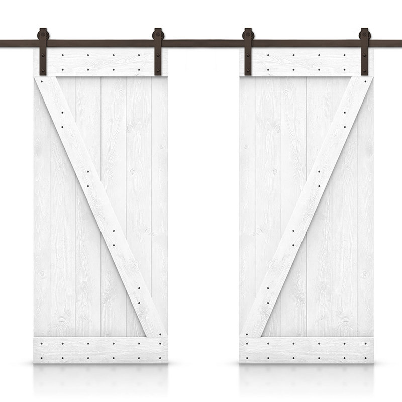 Porte de grange en bois massif lambrissé et métal, 92 po x 84 po, Blanc