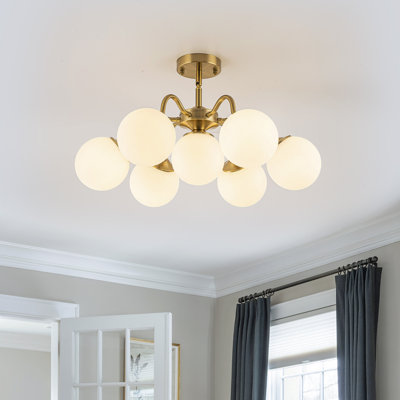 7-Light Modern Sputnik Semi Flush Mount With Opal Glass Globe