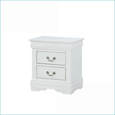 White Solid Wood 2-Drawer Louis Philip Nightstand Contemporary Bedroom Storage