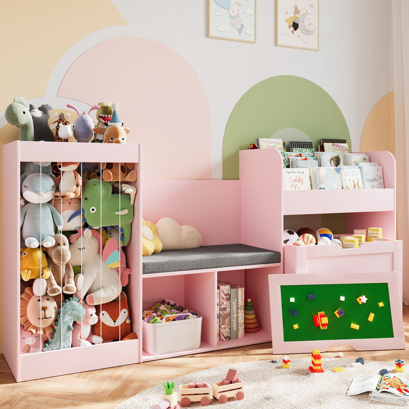 31.5''H Kids Bookcase, Toy Storage Organizer With Stuffed Animal Storage, Bench And Removable Cushions, Wooden Toddler Bookshelf With Movable Building Block Drawers, Pink