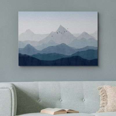Abstract Landscape Navy Blue Misty Mountain Range Minimal Nature Landscape Pictures Large Framed Canvas Print Wall Art