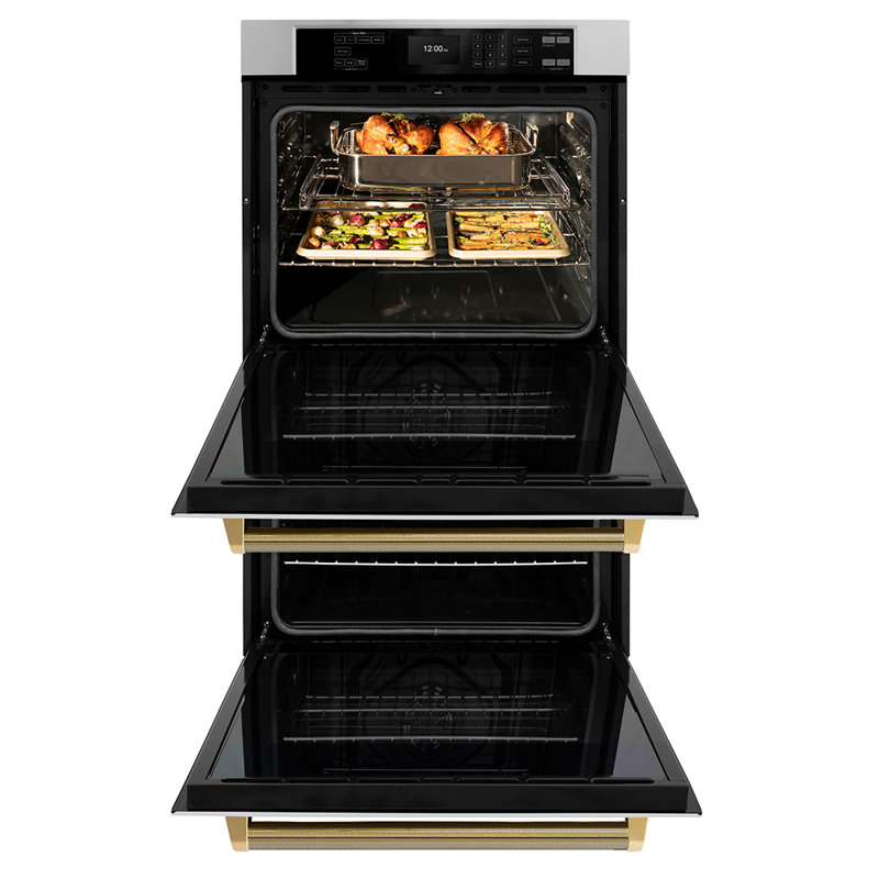 ZLINE Autograph 30 in. True Convection Double Wall Oven in Stainless Steel & Gold Helix Handles
