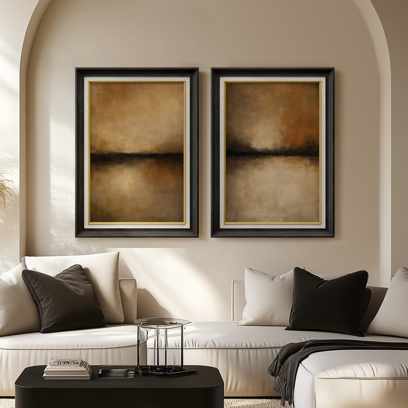 «Warm Neutral Abstract Horizon Rustic Contemporary», ensemble de 2 reproductions d'art encadrées sur papier de qualité supérieure 26 po x 36 po