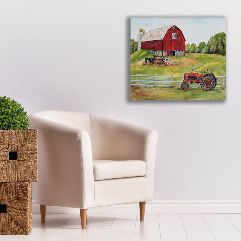 «Rurale rouge grange B» par Jean Plout, art mural sur toile, H 26 po x l 30 po x P 1,5 po