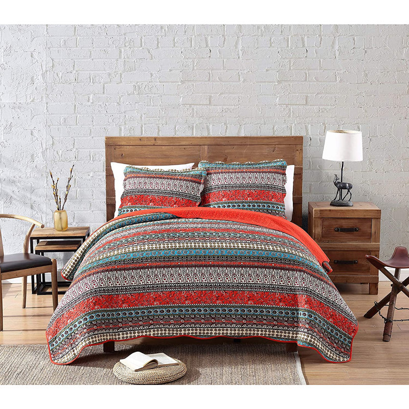 Boho Floral Cotton Reversible Quilt Set, Twin Quilt + 1 Standard Sham, Orange