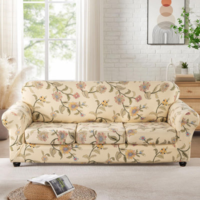 Housse de canapé imprimée pour canapé à 3 coussins, housse de canapé haute extensible, housse de canapé 4 pièces avec trois housses de coussin séparées Motif floral de fond élastique (fleur, canapé)