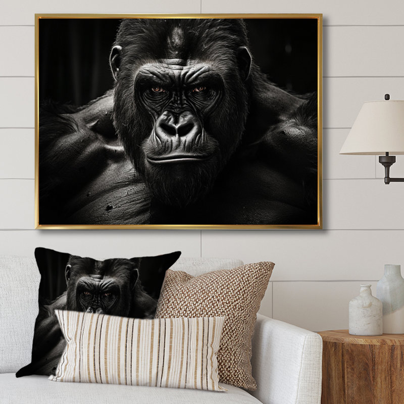 Art mural noir et blanc Gorilla Majestic II - Gorilla, H 34 po x l 44 po x P 1,5 po, Cadre flottant doré