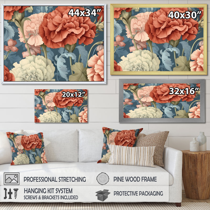 «Coral Blue Carnations Harmony I» sur toile, Cadre simple argenté, H 16 po x l 32 po x P 1 po
