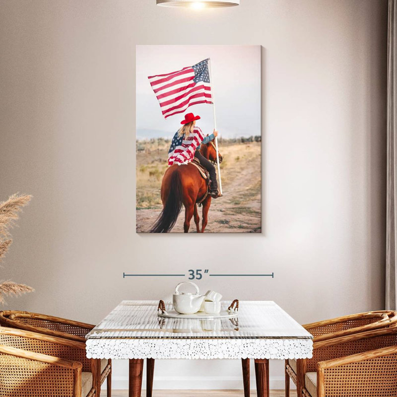 Mehar, patriotique, cow-boy à cheval, H 45 po x l 30 po