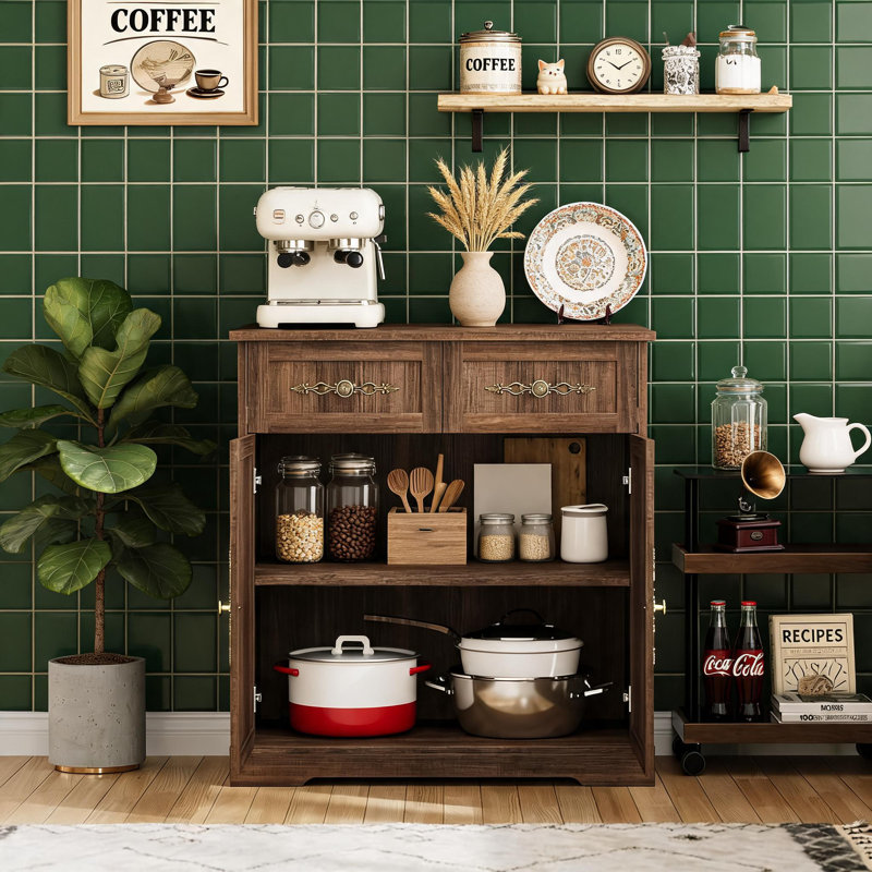 Buffet de 33 pouces, avec 2 portes, 2 tiroirs et tablettes réglables., Brown