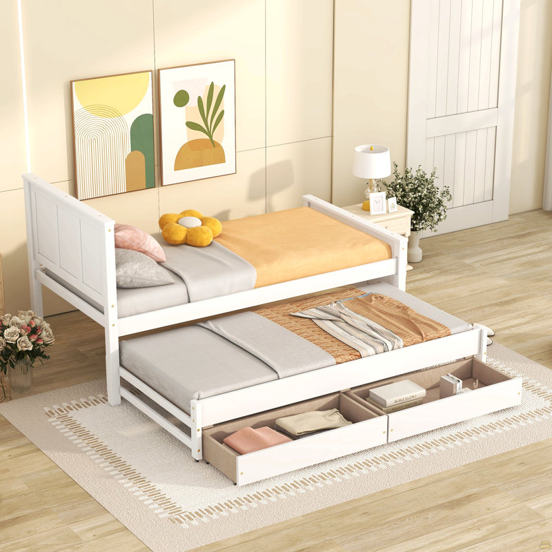 Lit plateforme simple avec lit gigogne et tiroirs, Blanc