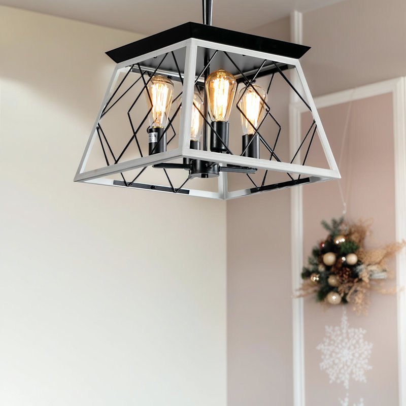 ??4-Light Farmhouse Chandelier Pendant Light - Adjustable Height - Rustic Steel Design - For Dining Room & Kitchen, White