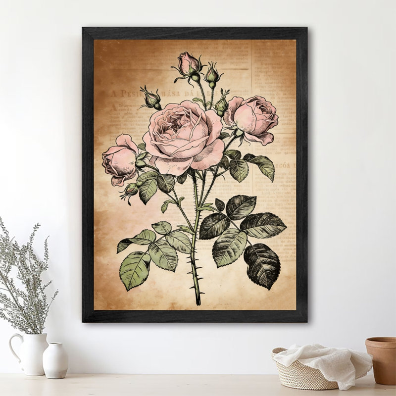 Reproduction d'art encadrée noire, rose, rose ou chou, H 25 po x l 17 po