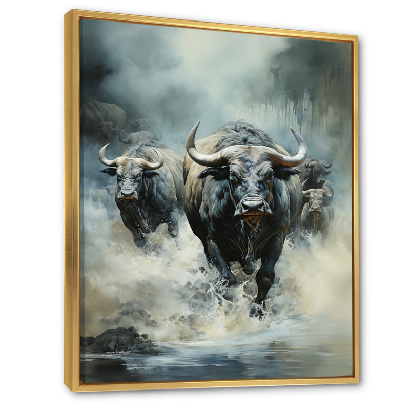 Kemaria, Afrique, Buffalo Migre II, reproduction sur toile, H 44 po x l 34 po x P 1,5 po, Cadre flottant doré