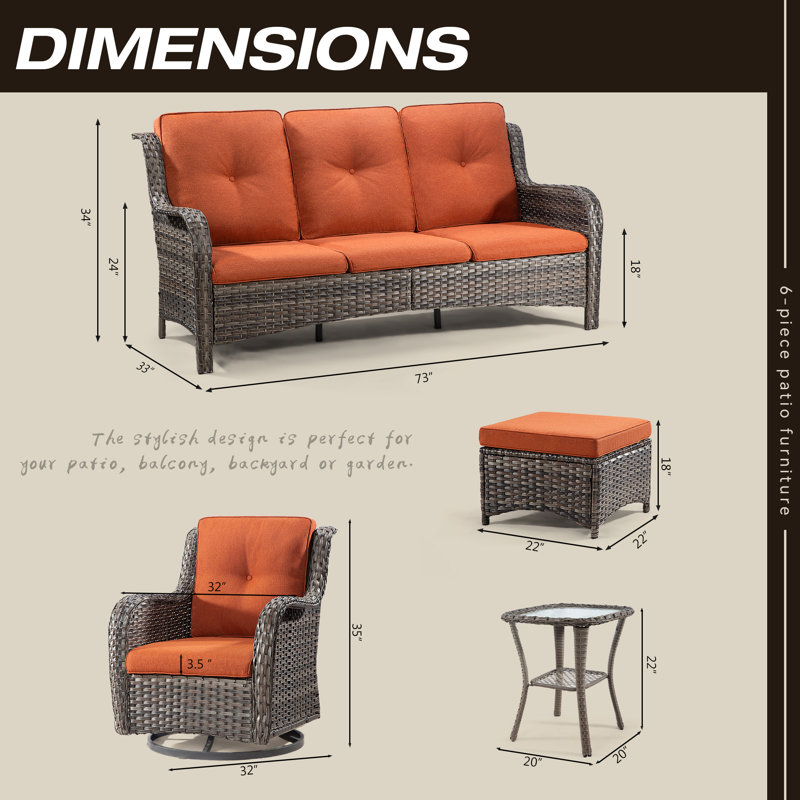Ensemble de conversation d'extérieur pour 7 personnes avec coussins Ventress, Orange