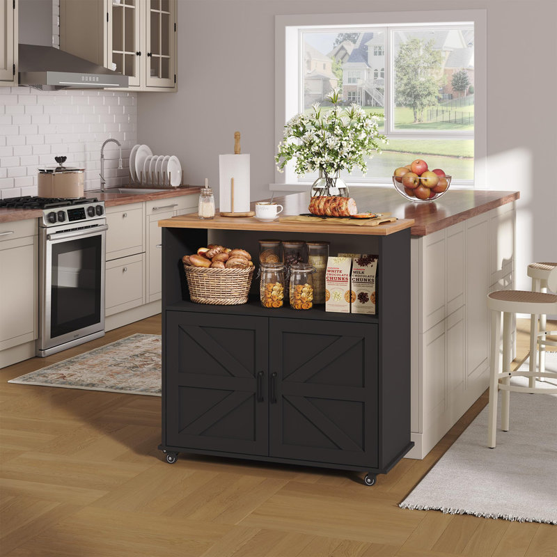 Îlot de cuisine roulant avec rangement intégré, chariot en bois à roulettes verrouillables et porte-serviettes, 90 cm, noir