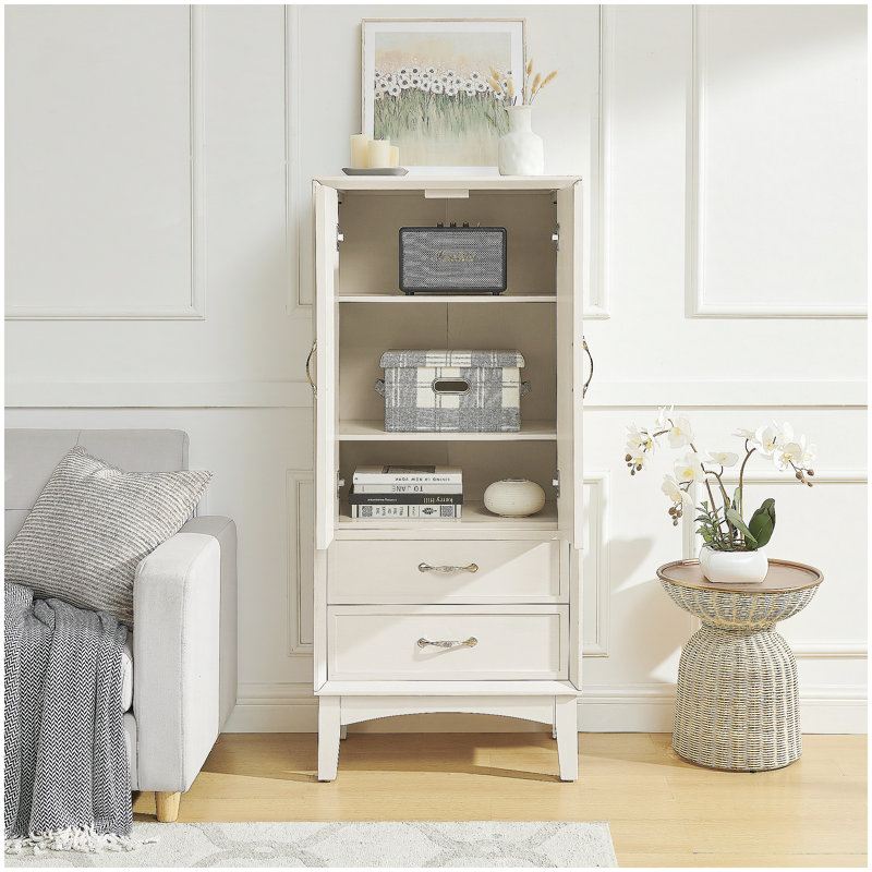 Mid Century Modern Tall Storage Cabinet with Adjustable Shelves and Drawers, Antique White