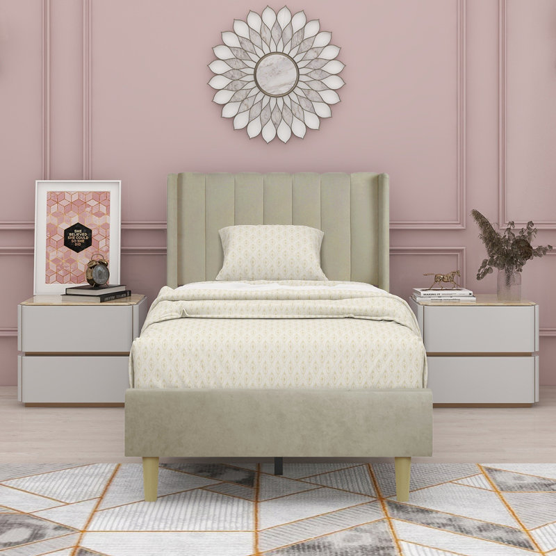 Eriksay Low Profile Upholstered Platform Bed with Wingback Headboard, Twin, Dark Beige Linen