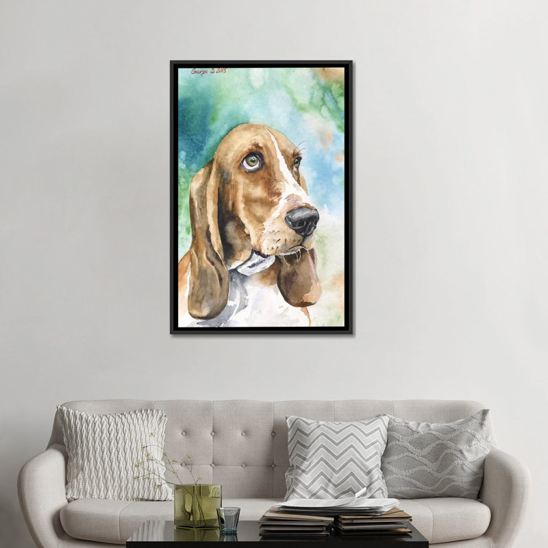« basset i », reproduction sur toile, H 26 po x l 18 po x P 1,5 po, Toile avec cadre noir, Pas de tapis