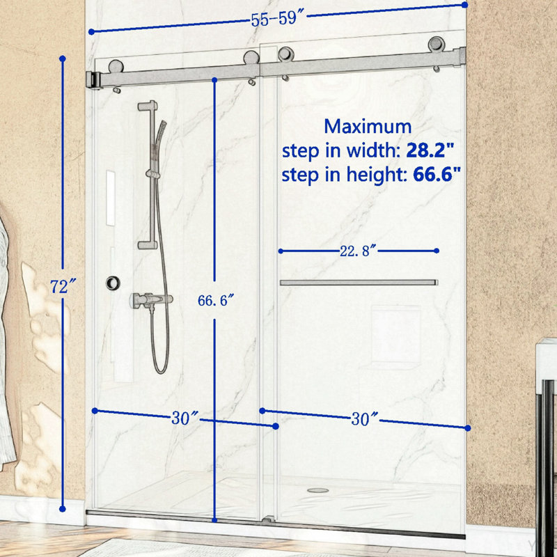 55-59"W X 72"H Frameless Double Sliding Shower Door, 304 Stainless Steel In Matte Black 5/16" (8Mm) Thick SGCC Tempered Clear Glass. Round Handle With NANO Easy Cleaning Coating.