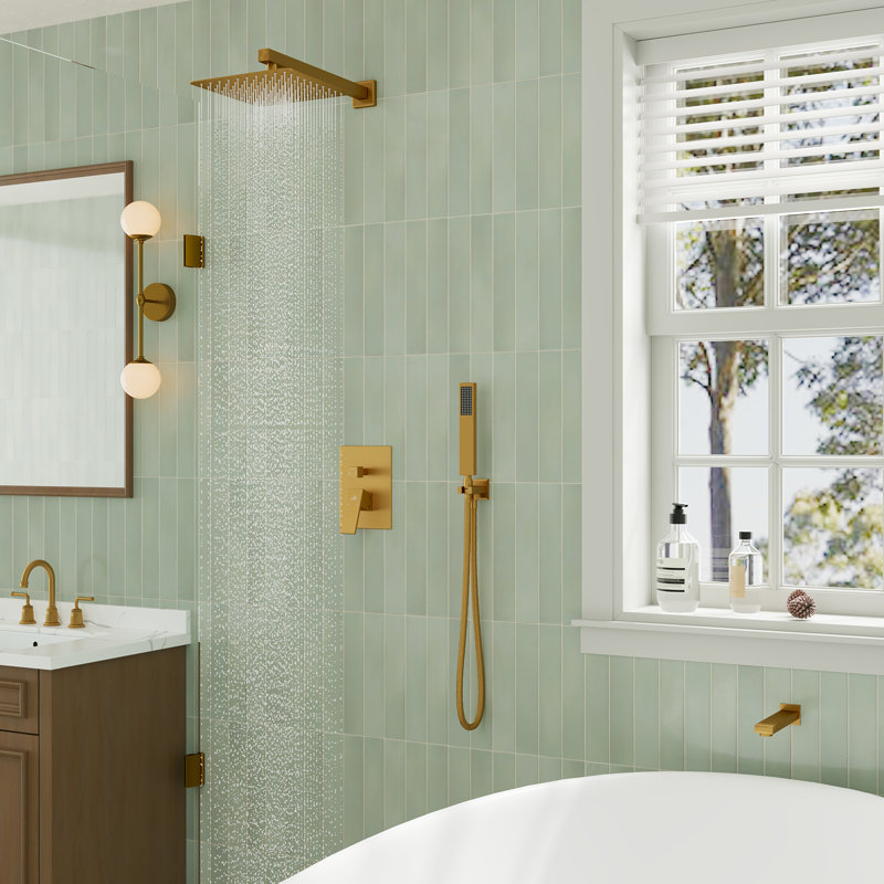 10inch 3 Function Wall Mount Complete Rainfall Shower System with Rough in-Valve, Brushed Gold
