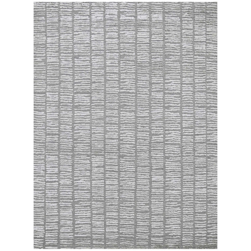 Tapis rectangulaire rayé en laine / viscose noué à la main en argent / gris, Rectangle 8 pi x 10 pi
