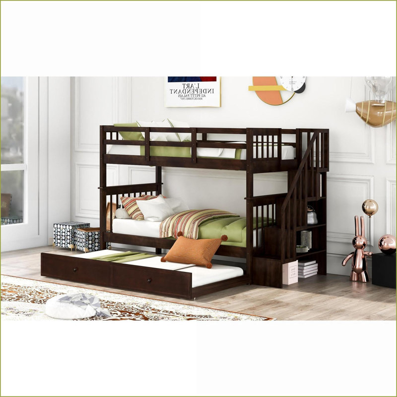 Twin-Over-Twin Pinewood Bunk Bed with Stair Storage No Box Spring Needed Espresso for Bedroom Dorm Adults, Espresso