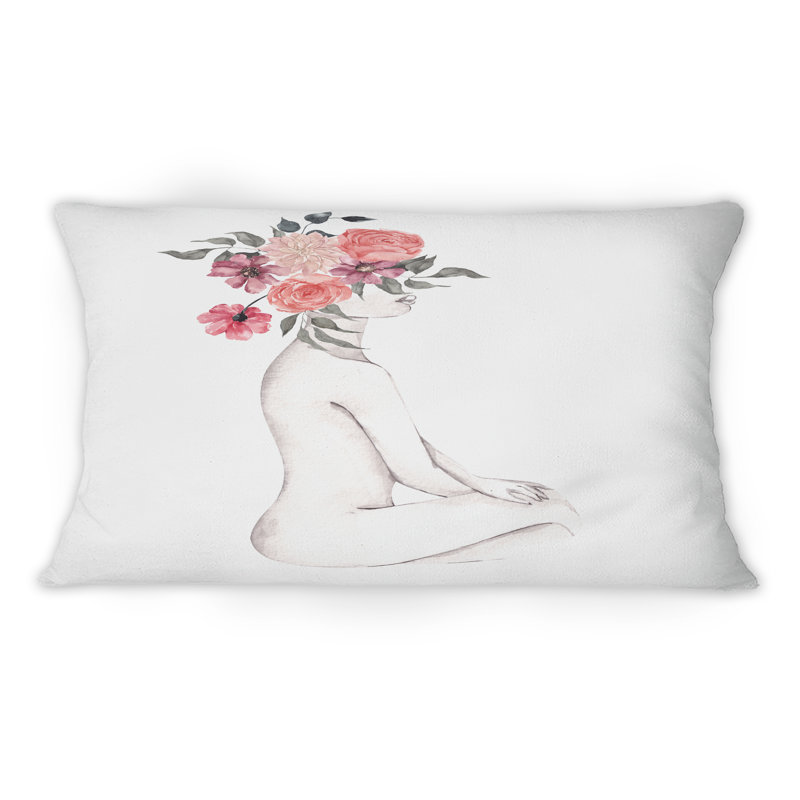 Silhouette de femme avec des fleurs rouges et mauves - coussin décoratif imprimé Glam 1