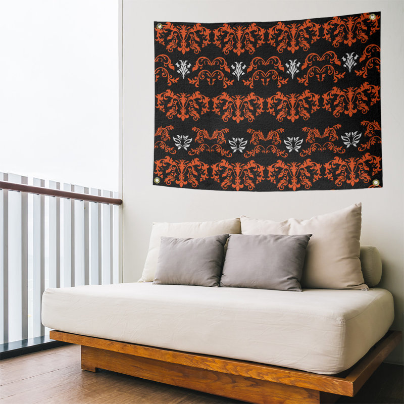 Tapisserie baroque en polyester polyester Cincinnati, H 59 po x l 80 po, Noir / orange / blanc